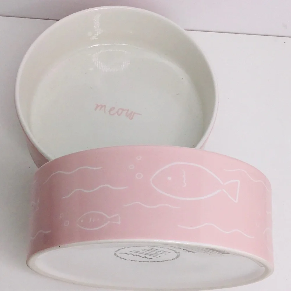 2 Meow Bowl Pet Food Water Dish Ceramic by Fringe Studio 6.5